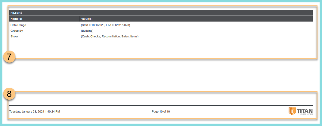 Screenshot of the Building and Sales Reconciliation Report filters and footer as described on this page.